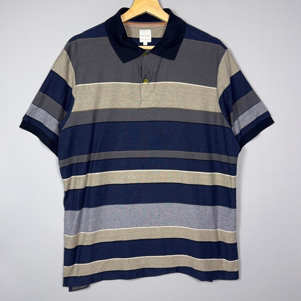 Paul Smith Striped Short Sleeve Polo Mens Size XL Cotton Blue Grey